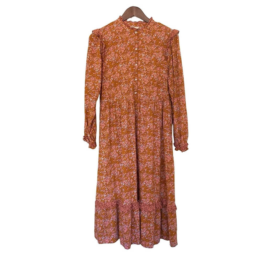 Universal Thread Floral Women Midi Dress S Orange Boho Ruffle Long Sleeve Tiered